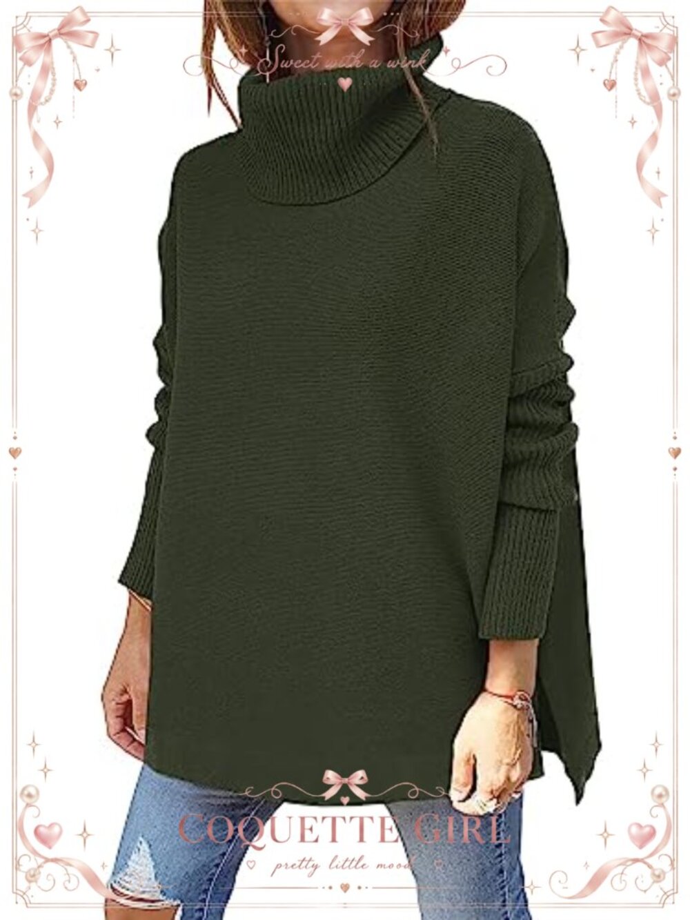 Turtleneck Oversized Pullover Sweater Batwing Sleeve Tunic Knit Top